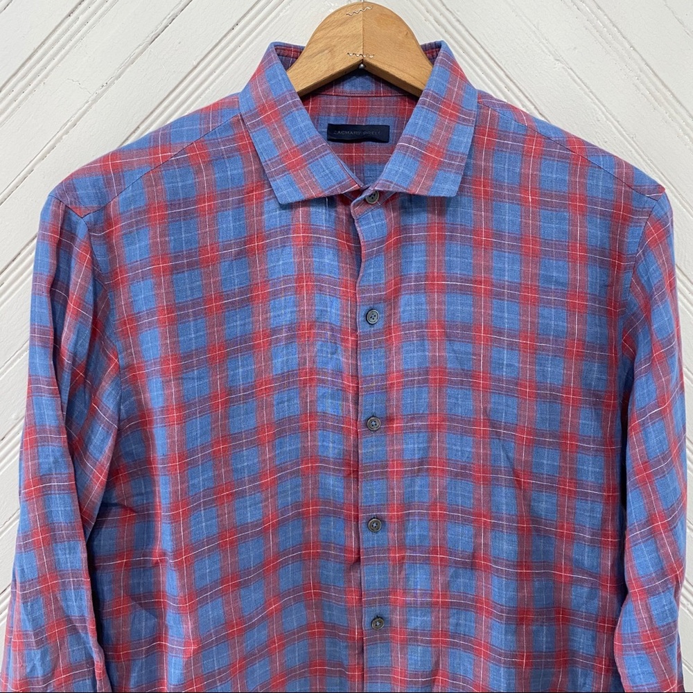 Zachary Prell Plaid Linen Button Down Shirt - Picture 2 of 12
